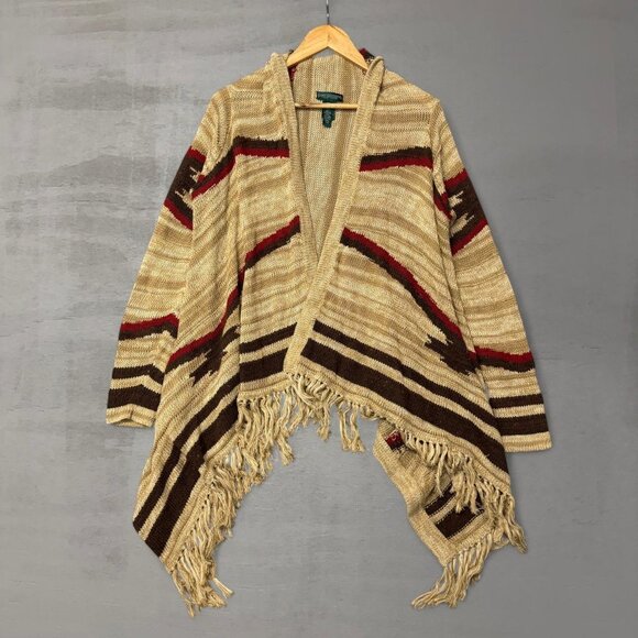 Ralph Lauren Southwestern Boho Fringe Aztec Knit Linen Wool Cardigan S/M - Picture 1 of 3